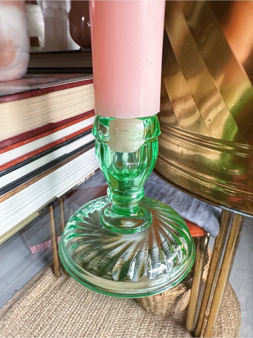 3.5” Single Light Twisted Optic Green Candlestick Uranium 1920s, 30s